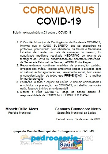  Caso de Covid-19 é descartado em Pedro Osório